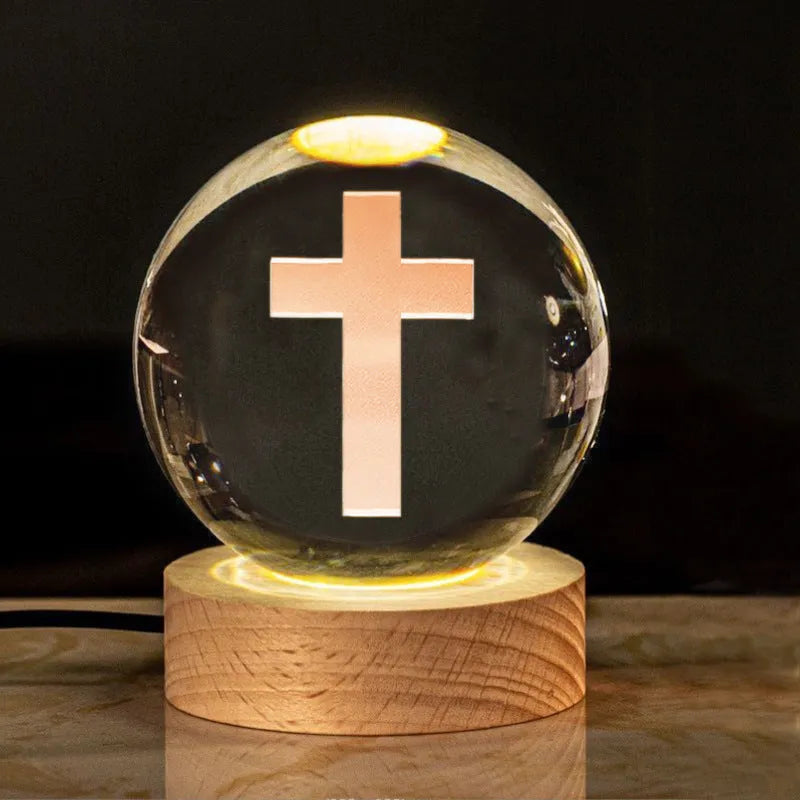 White crystal ball church desk ornament lamp with solid wood warm light base