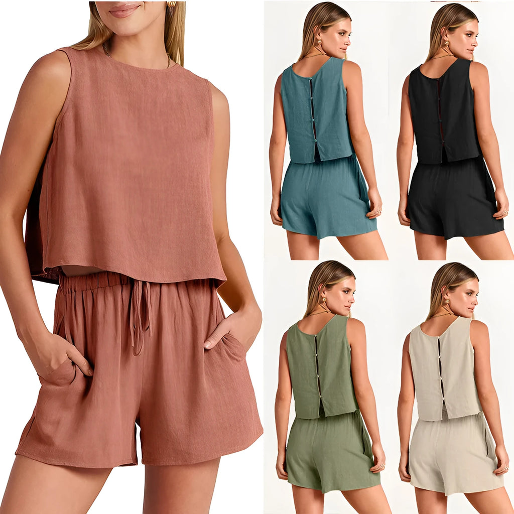 Women's summer two-piece set with sleeveless rayon linen top and matching drawstring shorts