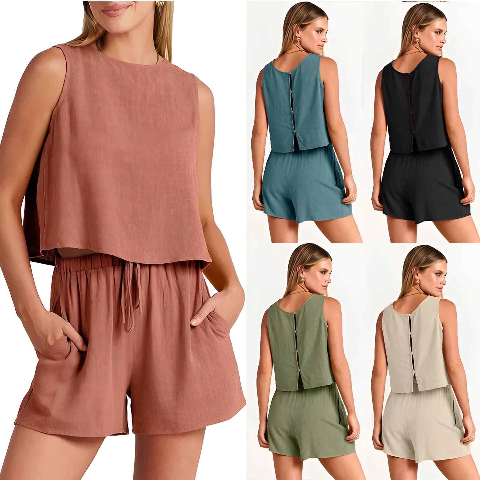 Women's summer two-piece set with sleeveless rayon linen top and matching drawstring shorts