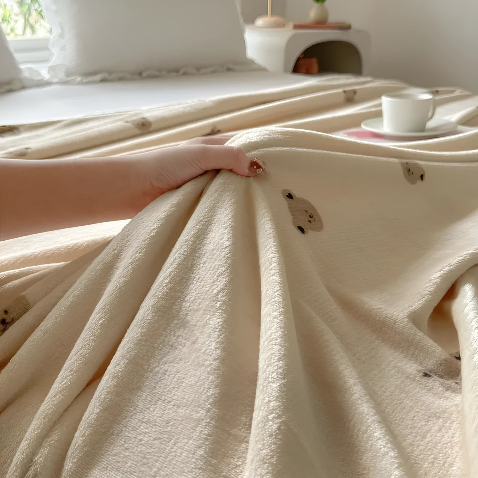 Class A milk velvet blanket in light coffee bear colour, double-sided brushed finish, cartoon anime pattern, size 150x200cm