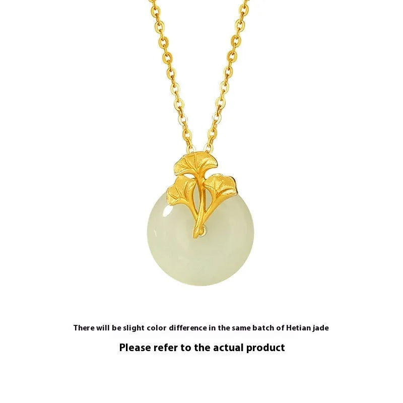 Gold 925 silver ginkgo leaf pendant necklace with peace buckle on adjustable 41-50cm cross chain