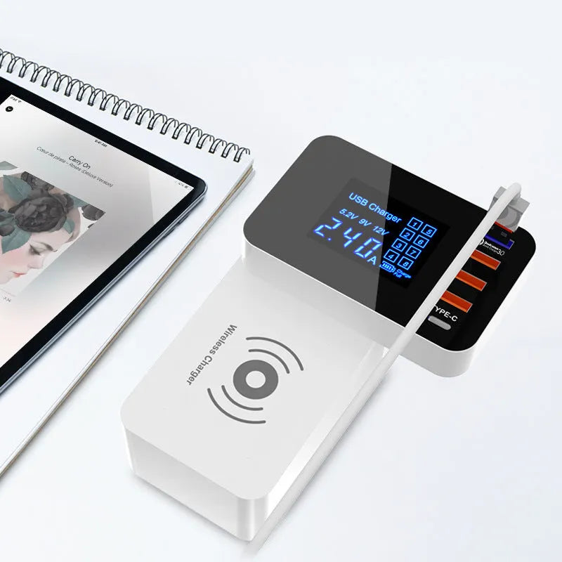 White multi USB port fast charger with 1.5 metre cable and optional plug adapters