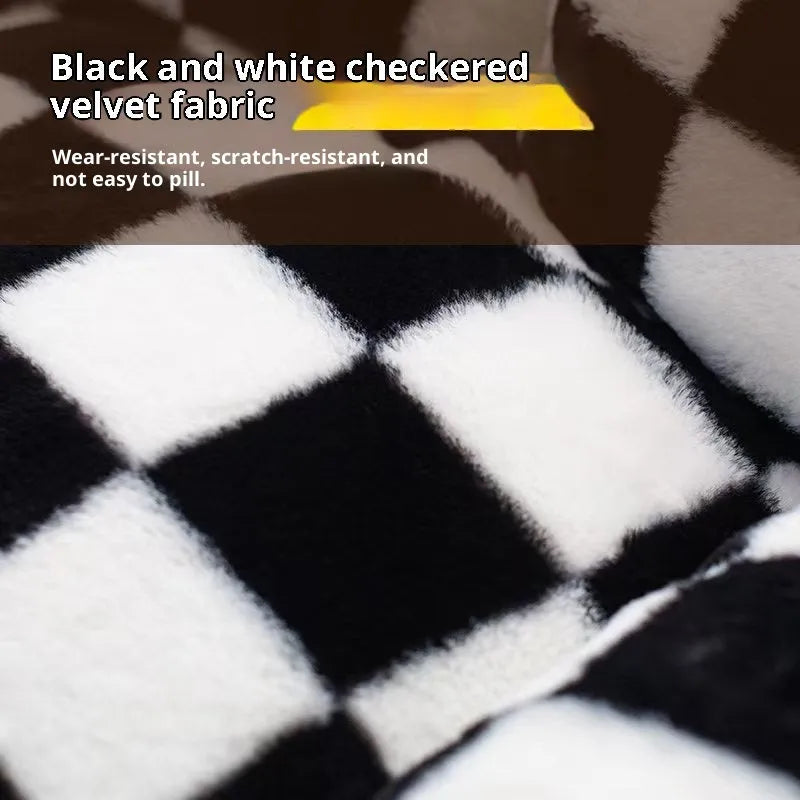 Black and white plaid cloth plush cat nest kennel for small pets