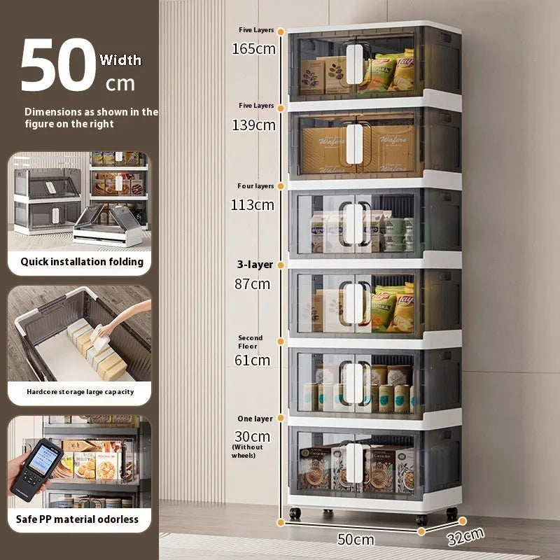 Foldable clothes storage locker with wheels in grey colour showing layered compartments for household organisation