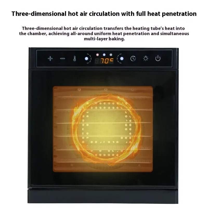 Stainless steel food dehydrator with visual skylight window and LED control panel.