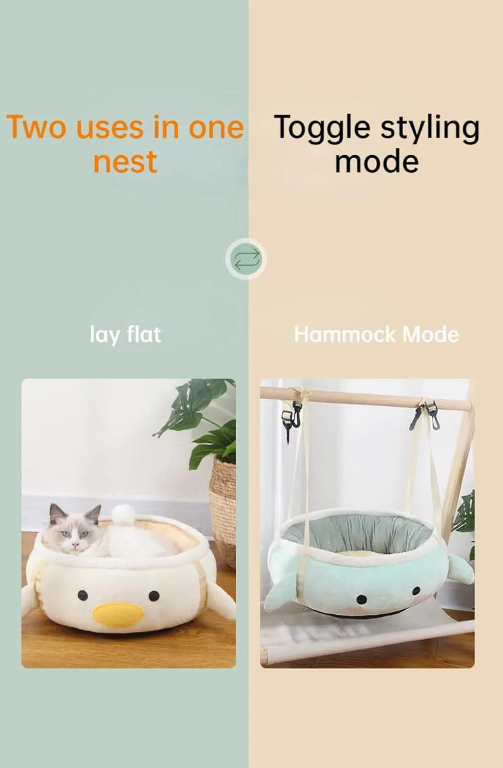 Green chick dinosaur shaped cat bed that converts to hammock with straps