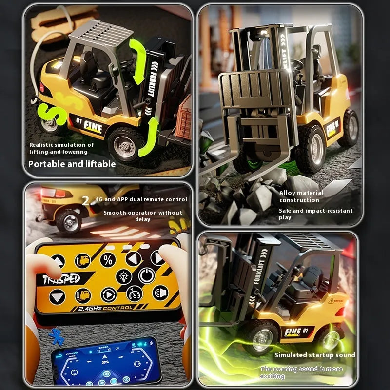 1:64 scale alloy remote control forklift with Bluetooth connectivity and obstacle course accessories