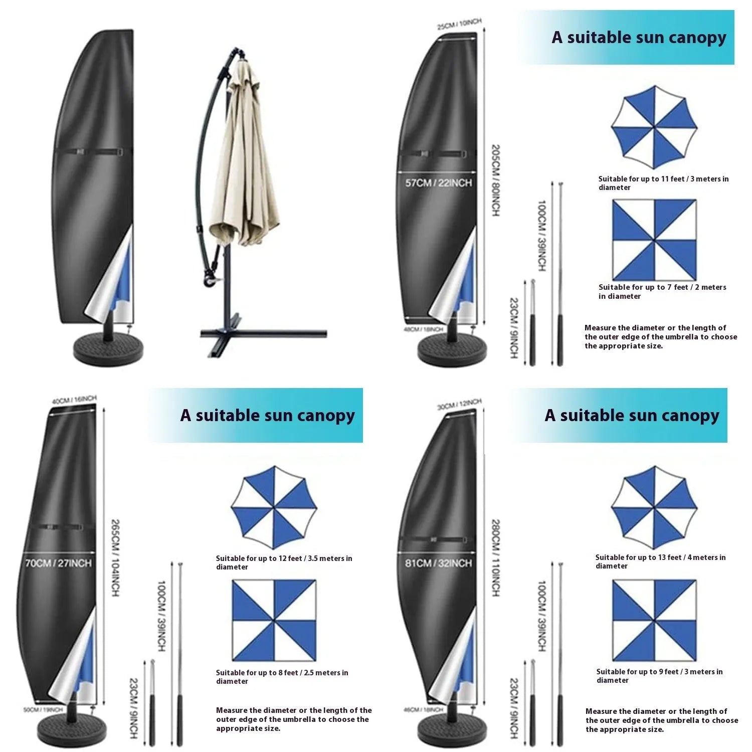 Black outdoor waterproof cover for a banana-shaped patio umbrella on a garden table