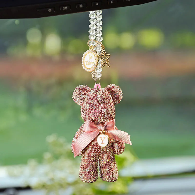 Diamond-embedded Violent Bear car rearview mirror pendant in crystal rhinestone.