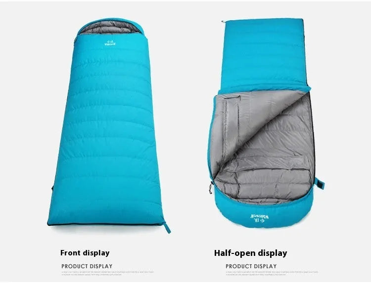 Black outdoor down sleeping bag with envelope construction for adult camping use