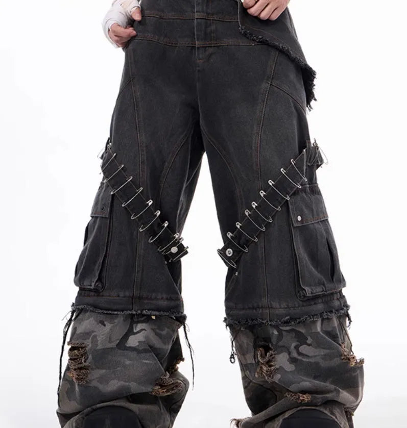 Men's grey jeans with camouflage splicing design and pin ribbon details