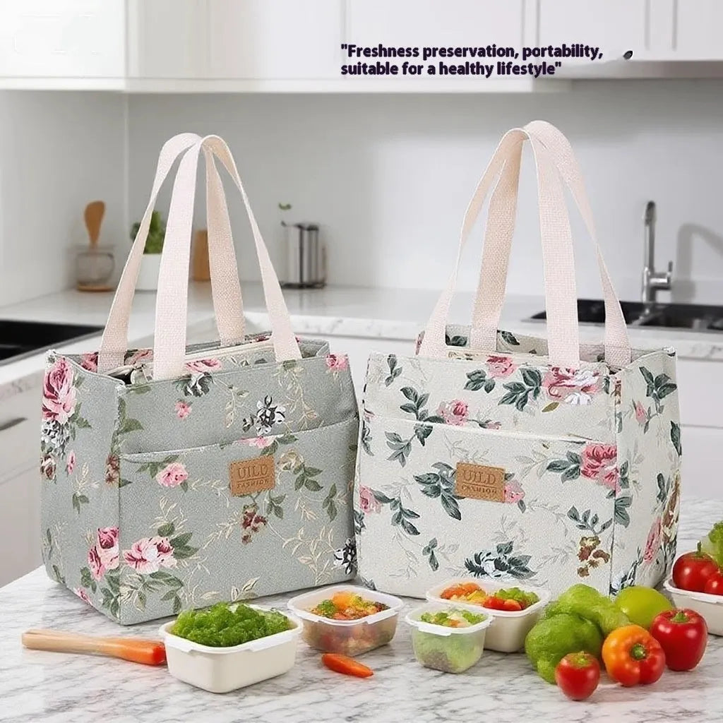 Women's printed canvas handbag with aluminium frame in horizontal square shape showing flower design options