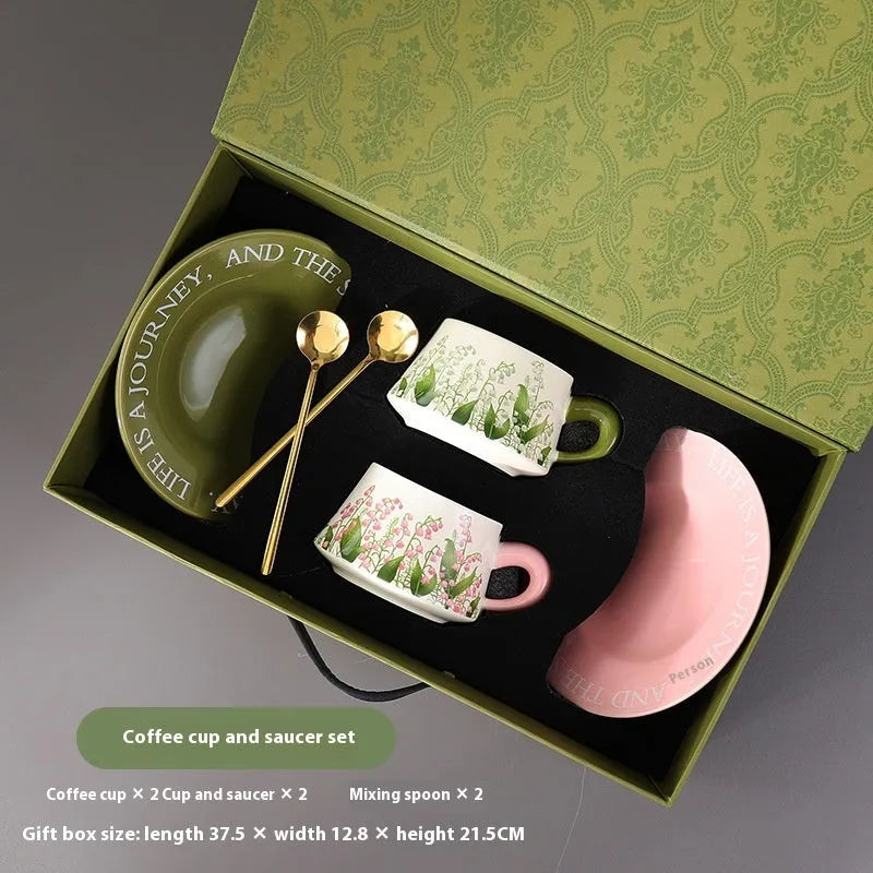 Ceramic coffee cup saucer set with two 300ml cups, saucers, and spoons in hanging bell design