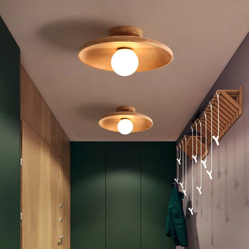 Solid wood modern minimalist ceiling lamp with glass shade in wood colour or walnut colour finishes