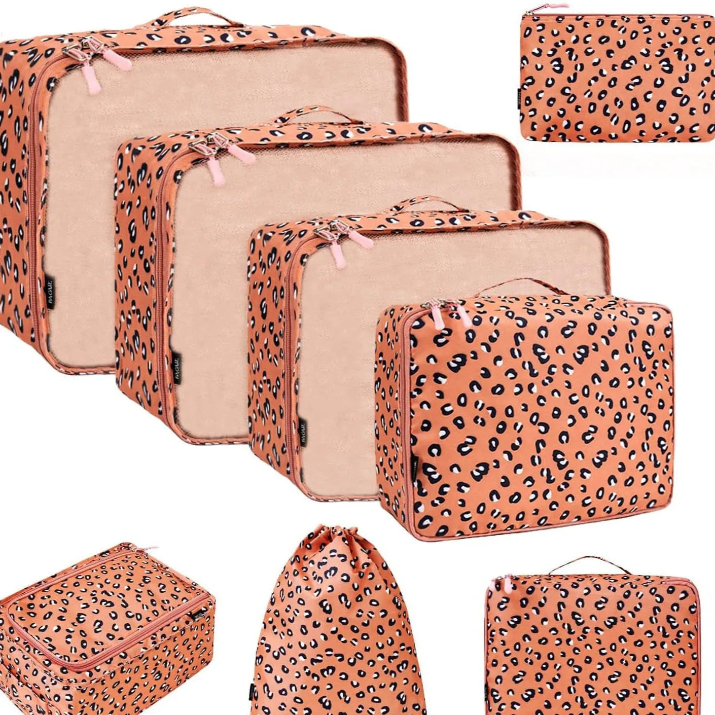 Set of eight cubic-shaped travel packing bags in assorted colours including beige, black, pink, and leopard print patterns.