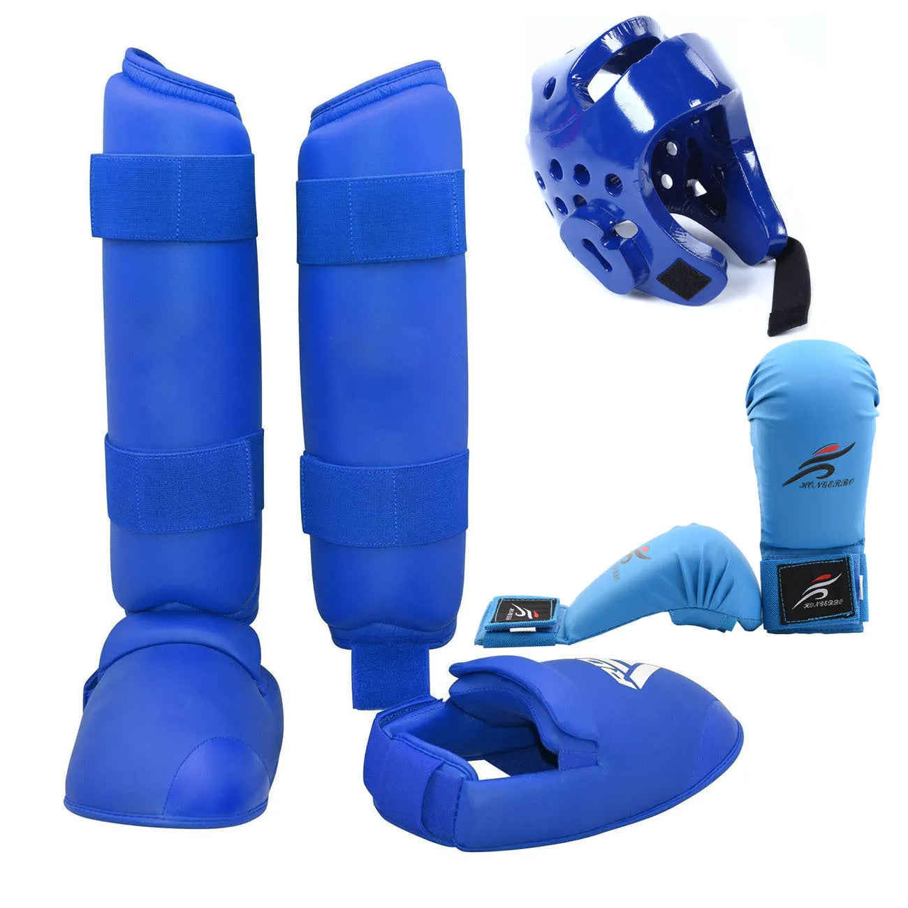 Karate Taekwondo protective gear set showing leg guard, helmet, and boxing gloves in red colour