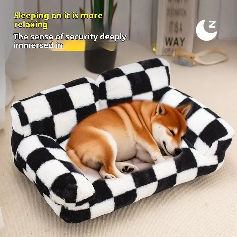 Black and white plaid cloth plush cat nest kennel for small pets