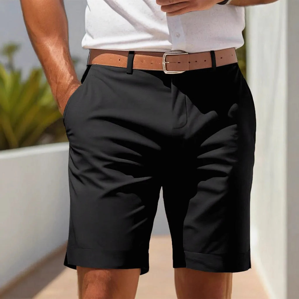 Men's light grey straight-leg business suit shorts made from polyester fabric.