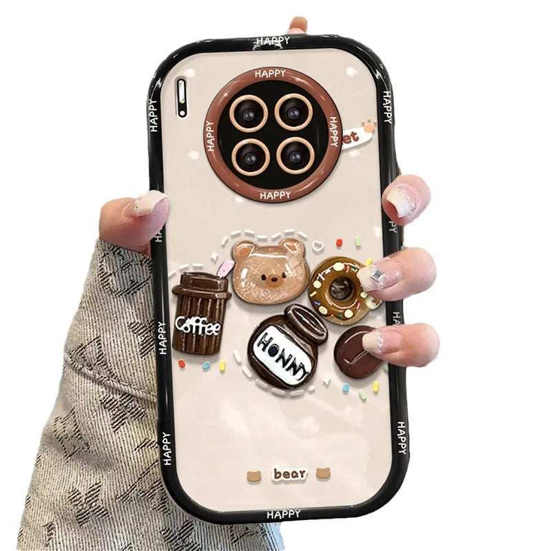Silicone phone case with 3D coffee bear doll pendant and lanyard for Apple iPhone, cream black