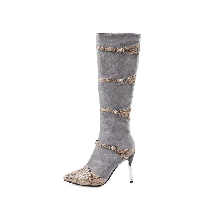 Grey and black women's knee-high boots with a thin high heel on a rubber sole