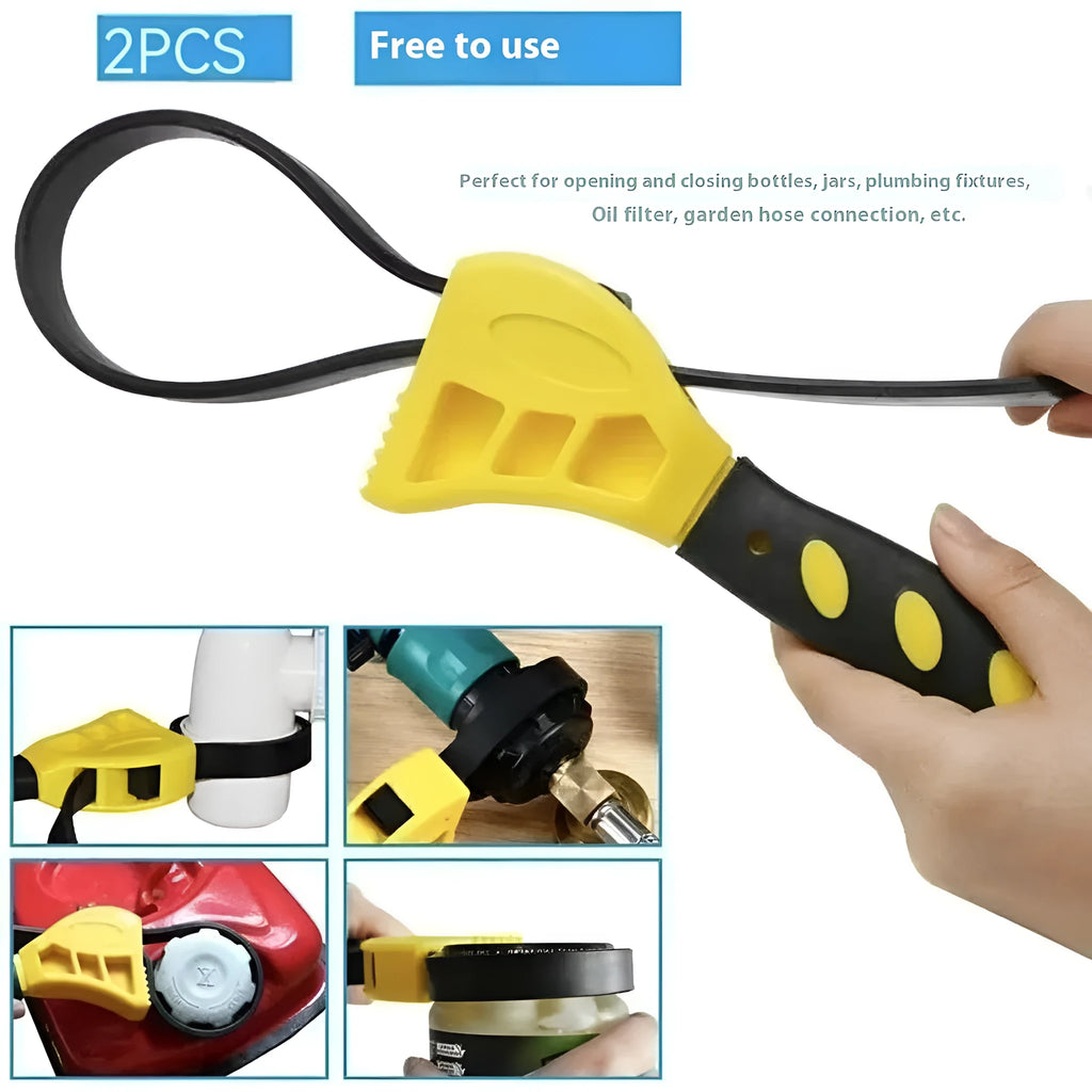 Adjustable rubber strap wrench set showing 6-inch and 8-inch models with a plastic rubber handle.
