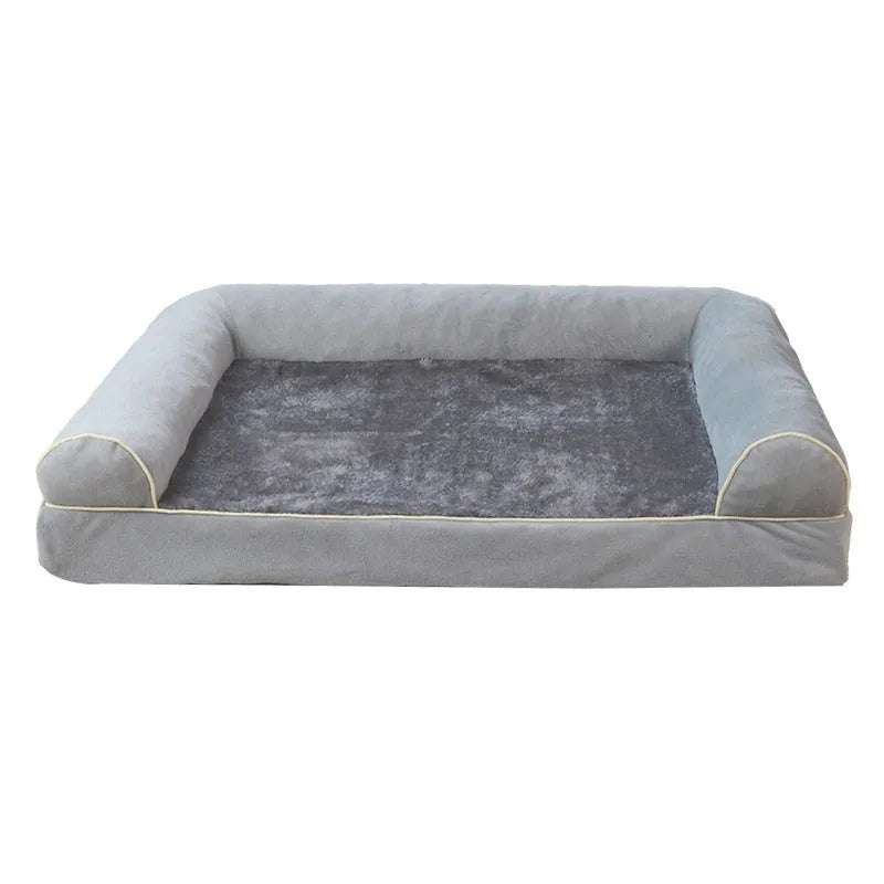 Square cloth dog bed with raised edges in blue colour showing sponge construction