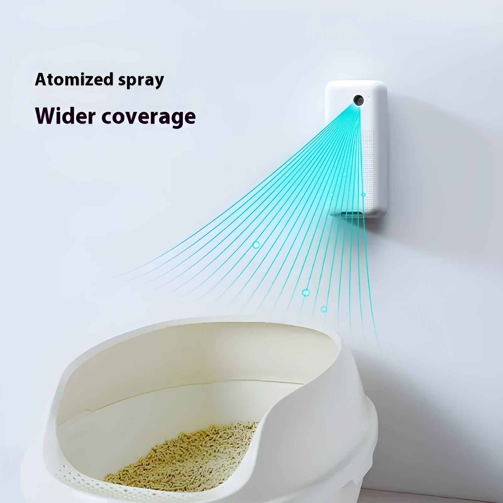 White PVC smart spray deodorizer unit with external mounting bracket for pet litter box odour control.