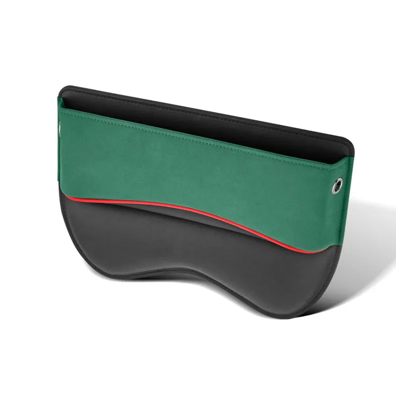 Black leather car seat storage box on a vehicle seat showing its rectangular shape and size.