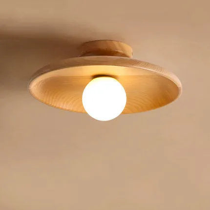 Solid wood modern minimalist ceiling lamp with glass shade in wood colour or walnut colour finishes
