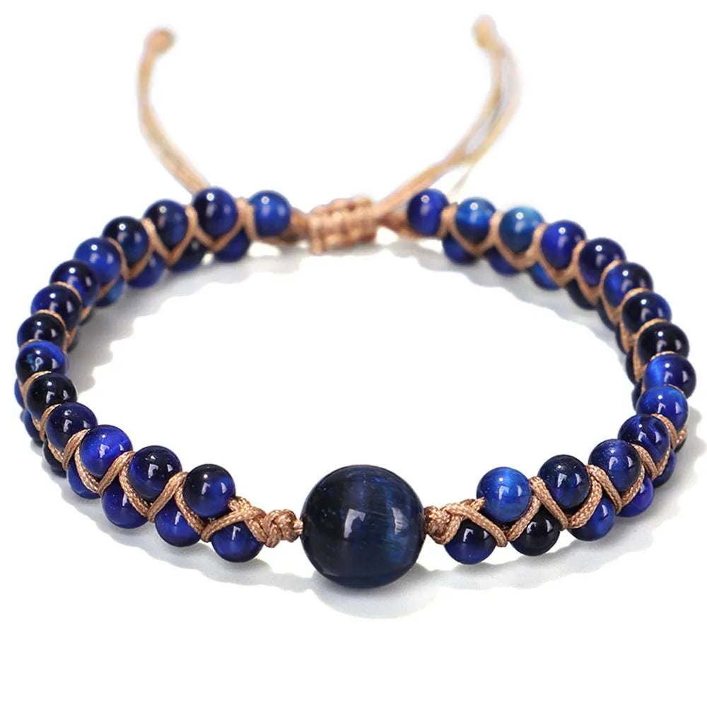 Handmade woven geometric pull bracelet with stone beads in blue tigereye or amethyst colours