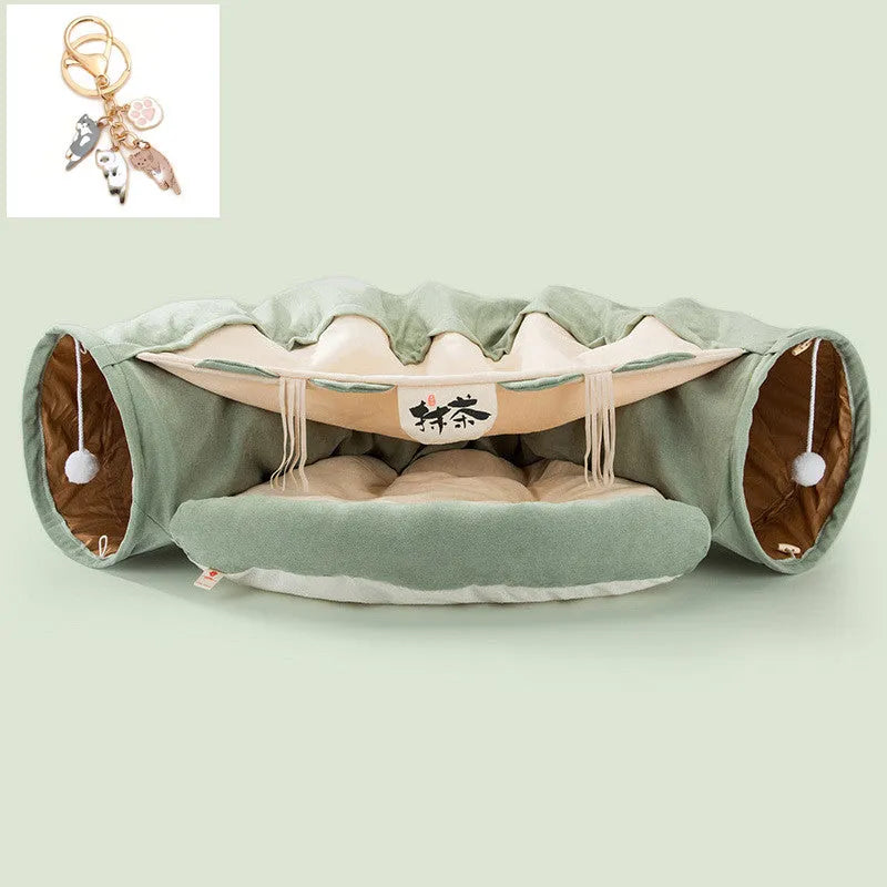Collapsible cloth cat tunnel in Bar, Coffee, Matcha, or Pink colour, shown folded and unfolded.
