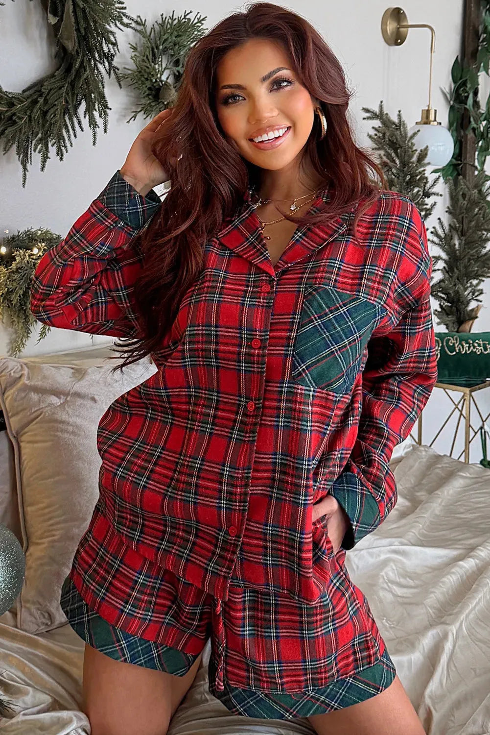Red plaid long sleeve pyjama shirt and shorts set with contrast patches on the collar.