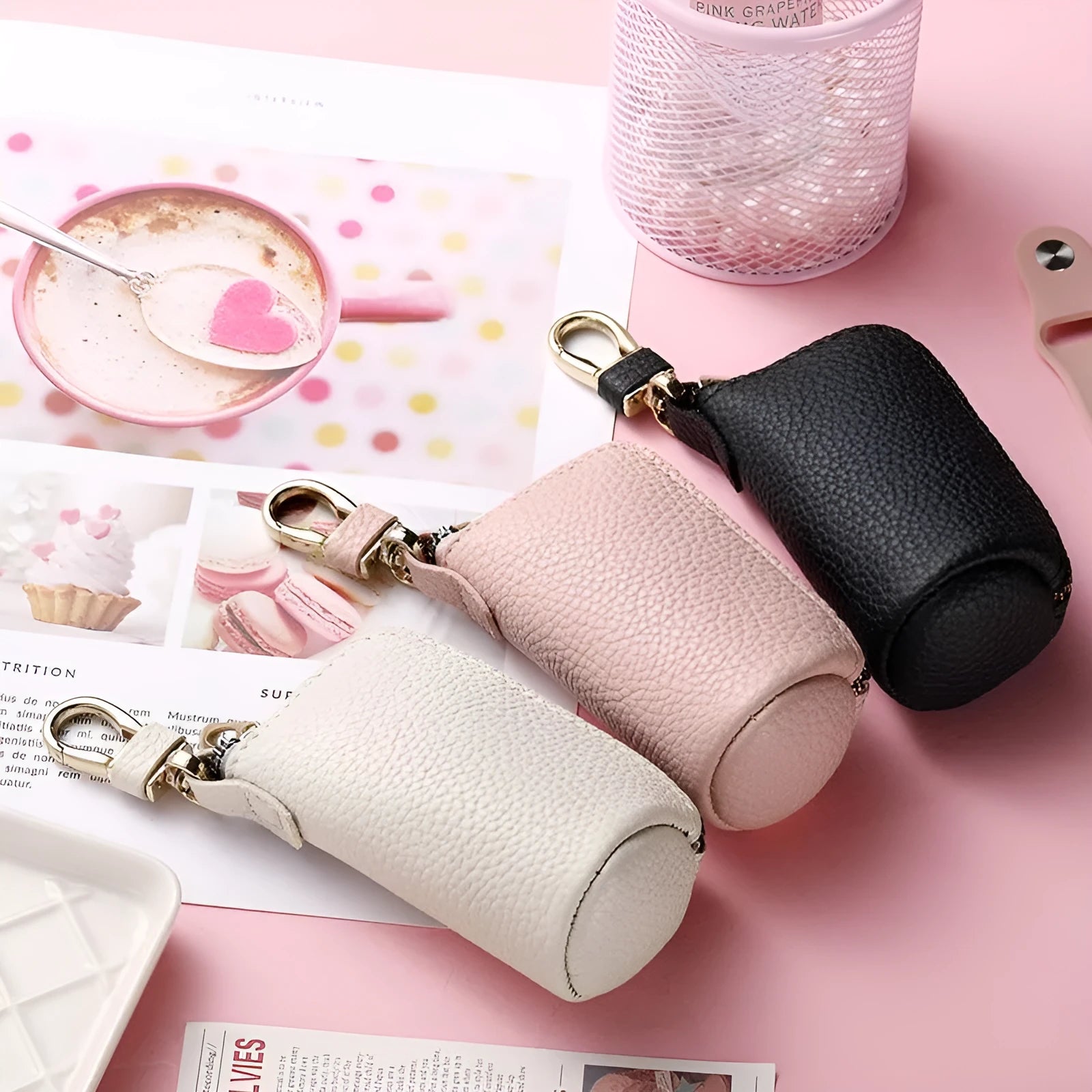 Men's home zipper car key ring in black, pink, or grey waterproof PU leather
