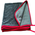 Grey car cleaning cloth with black hemmed edge shown in various sizes for vehicle and pet care.