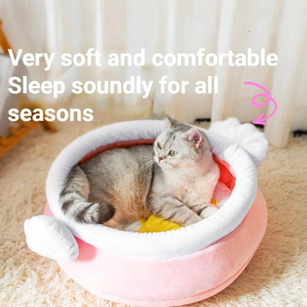 Pink honey pot shaped cat sofa bed with decorative wands and removable pad