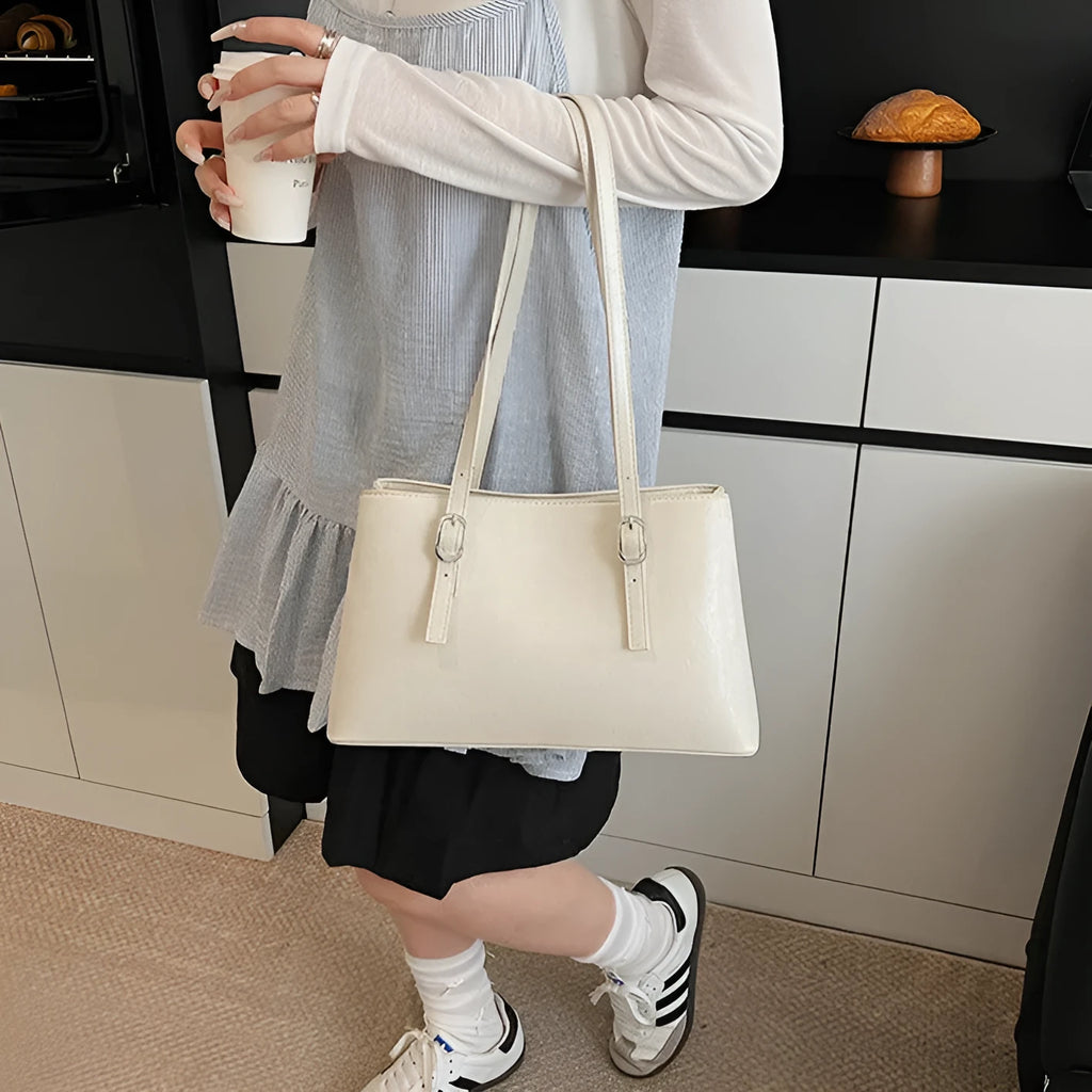 Fashion retro underarm shoulder bag in brown PU with sewing line detail, horizontal square shape