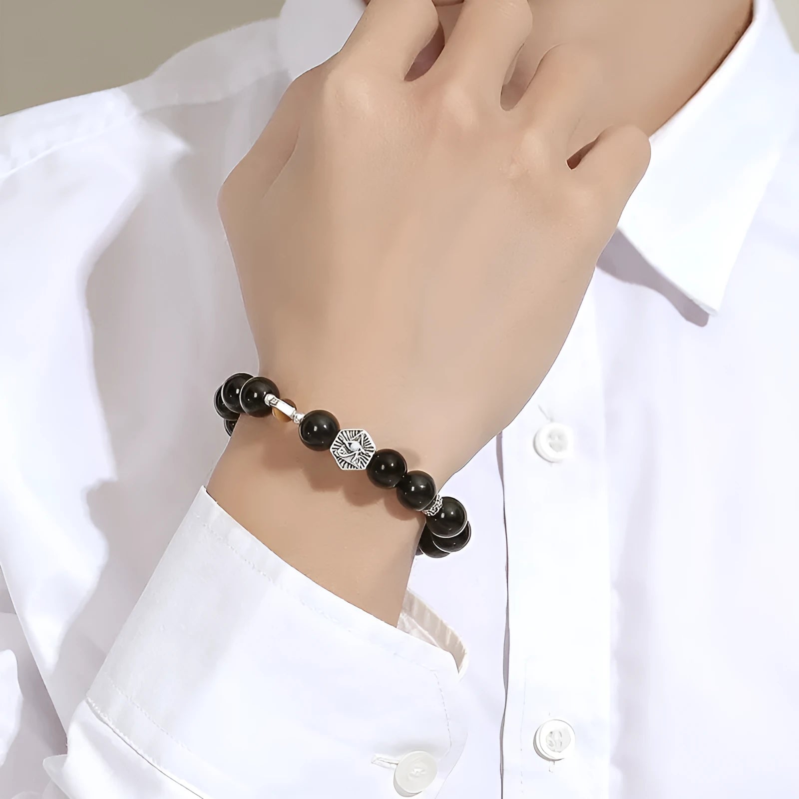 Men's S925 sterling silver bracelet with 8mm obsidian God's Eye geometric design