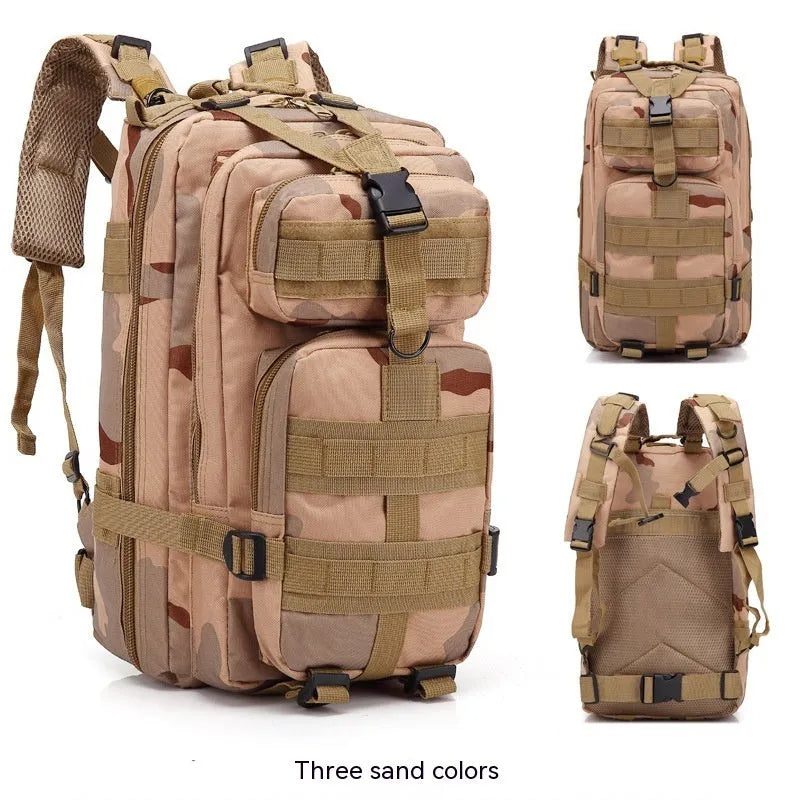 Large khaki Oxford cloth hiking backpack with air pillow belt system, shown for mountaineering use.
