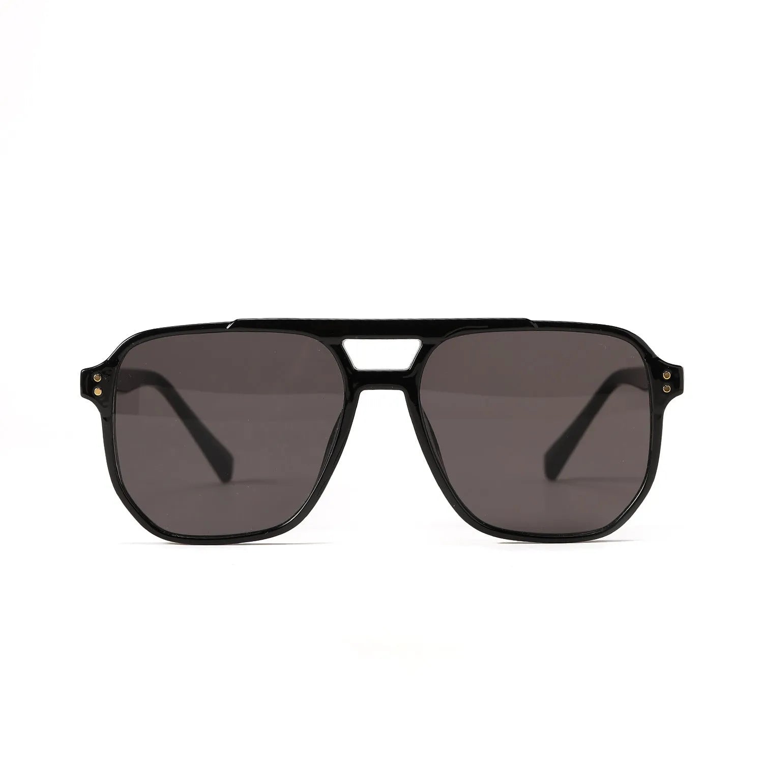 Women's square double beam fashion sunglasses in bright black all grey with full frame construction