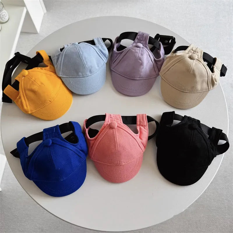 Cotton sun-proof exposed ears pet baseball cap in apricot with adjustable strap, suitable for dogs and cats.