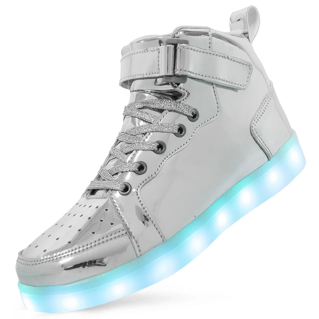 A pair of black high-top shoes with a Velcro strap and illuminated LED lights in the rubber sole.