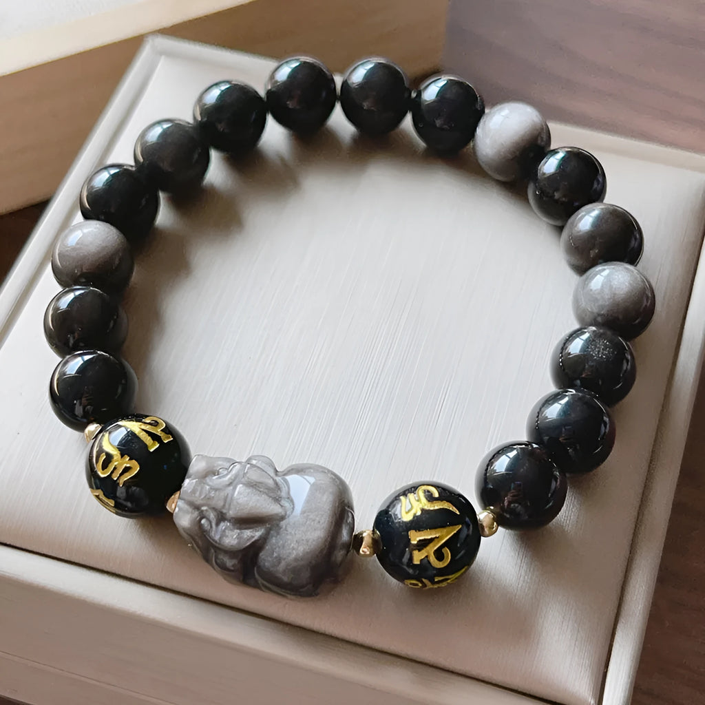 Natural Silver Stone bracelet for men with beaded design, Chinese-style zodiac elements, and proverb inscription