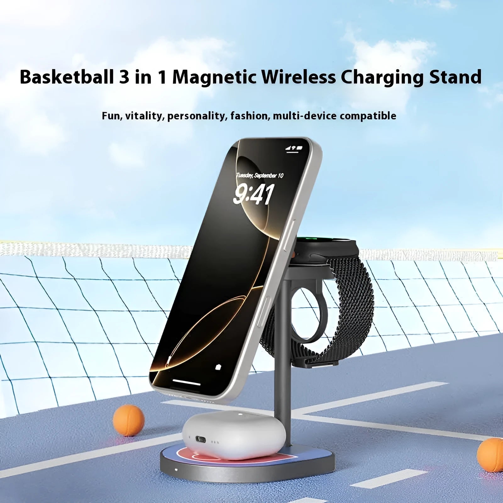 Three-in-one basketball magnetic wireless charger with aluminium alloy body in black, red blue, or silver grey