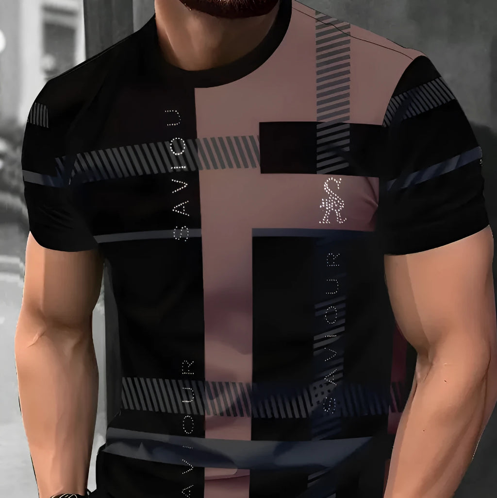 Men's loose fit short sleeve T-shirt with bold 3D printed stripe pattern in a picture style colour.