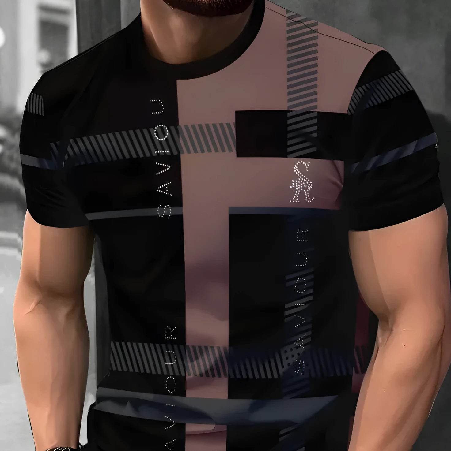 Men's loose fit short sleeve T-shirt with bold 3D printed stripe pattern in a picture style colour.