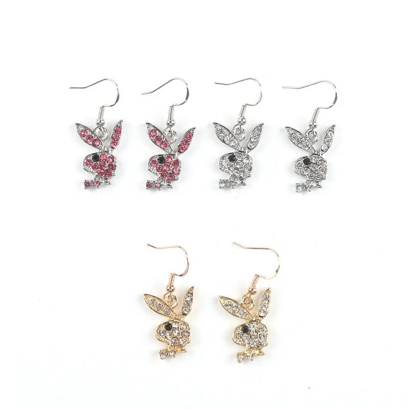 Alloy rabbit stud earrings with full diamond accents in silver, gold, and pink colour options