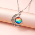 Silver hollow moon pendant necklace with glass star on Figaro chain 40cm women
