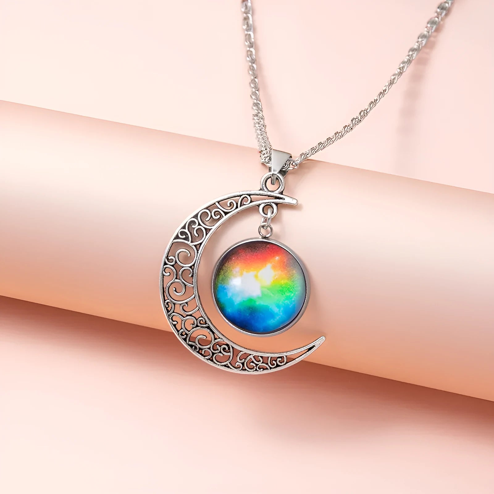 Silver hollow moon pendant necklace with glass star on Figaro chain 40cm women