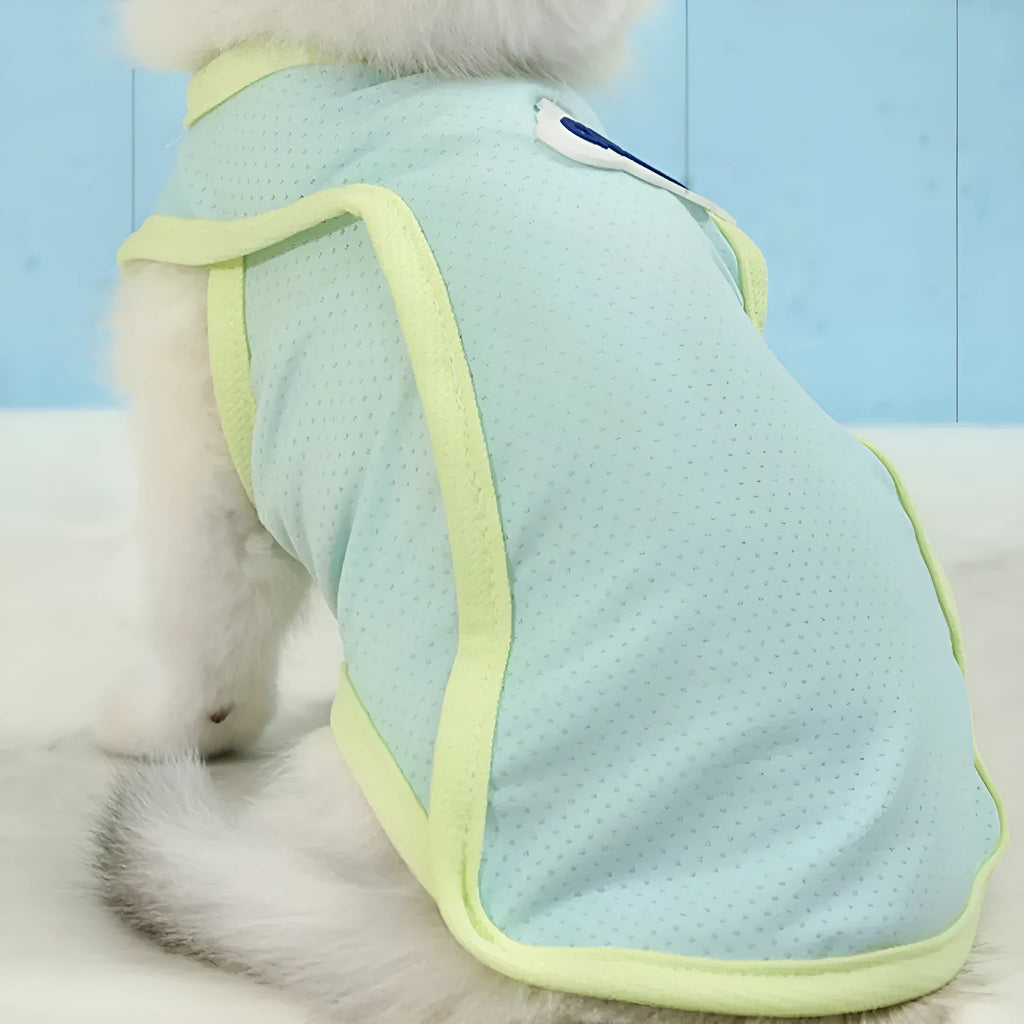 Polyester cat summer vest in grass green colour showing lightweight sports-style design