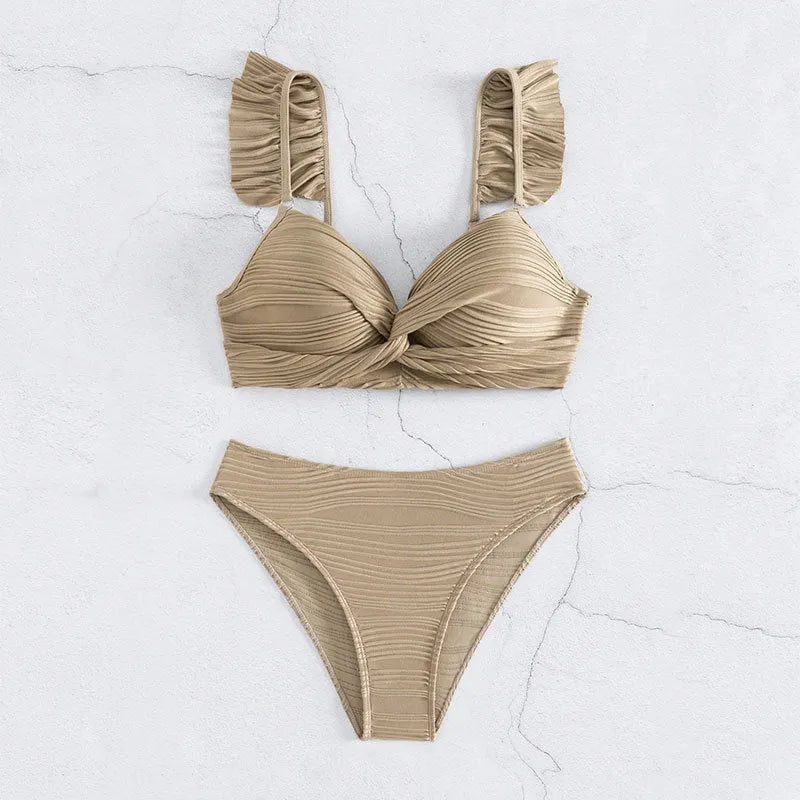 Solid colour women's bikini swimsuit set in black or khaki polyester fabric